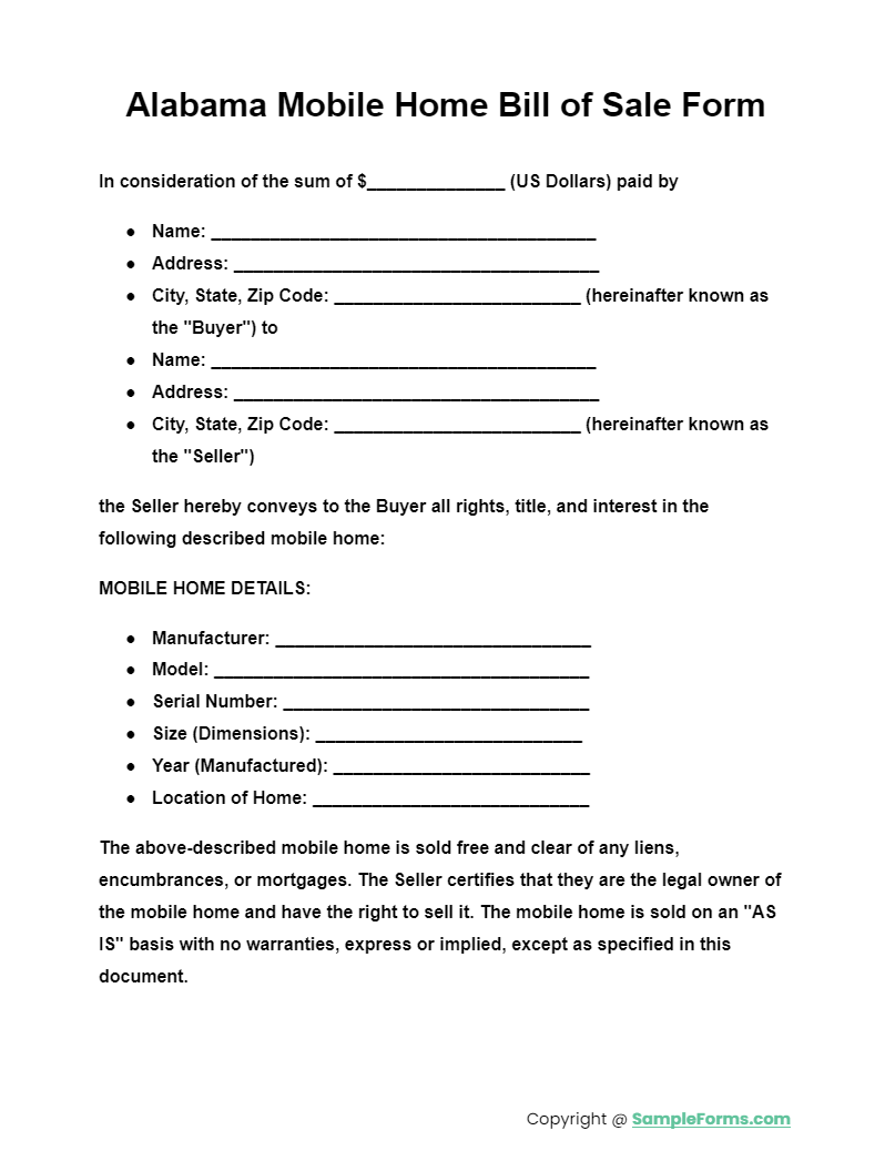 alabama mobile home bill of sale form