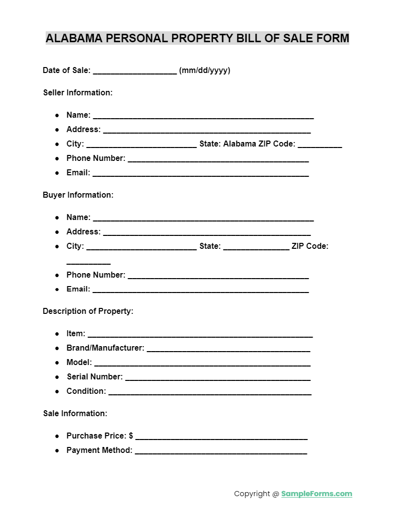 alabama personal property bill of sale form