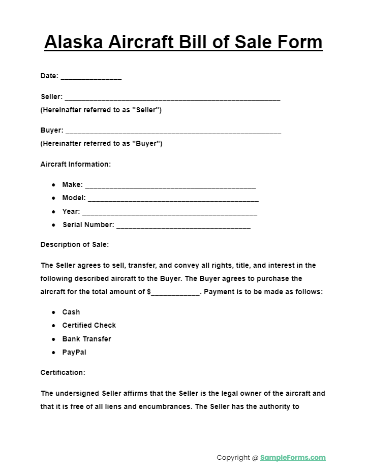 alaska aircraft bill of sale form