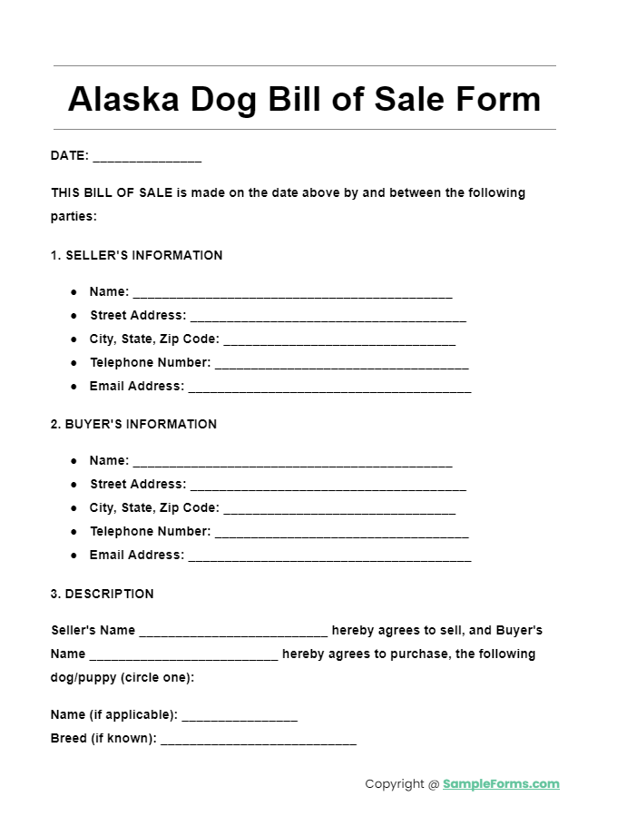 alaska dog bill of sale form