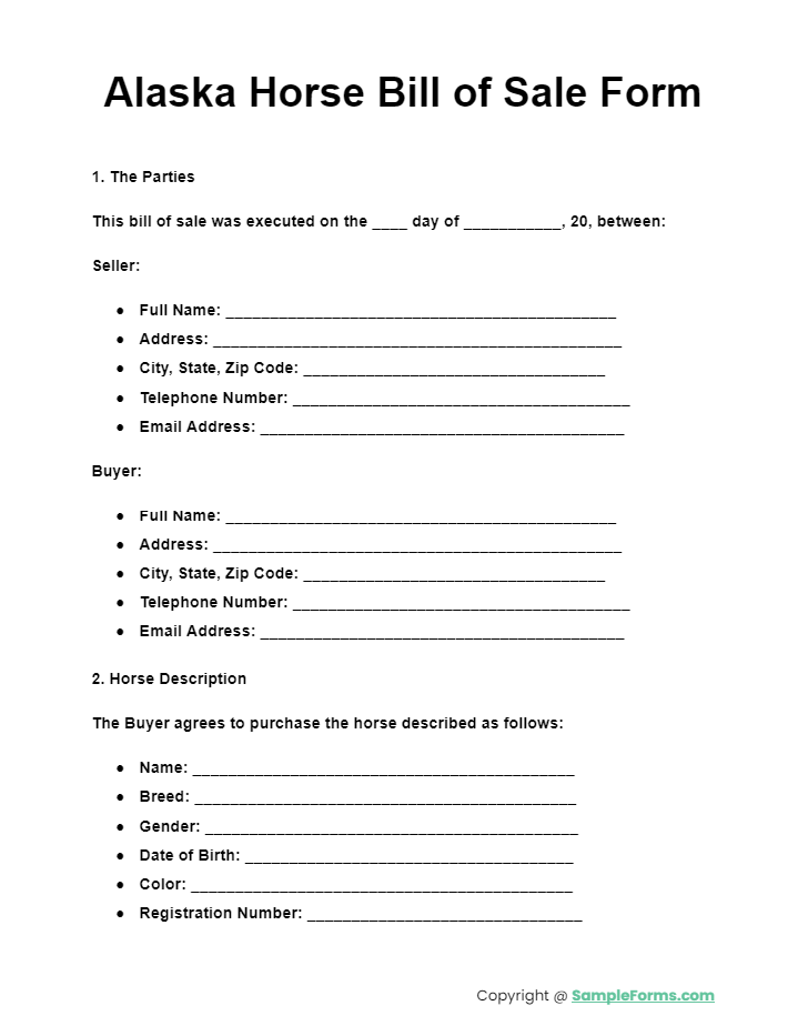 alaska horse bill of sale form