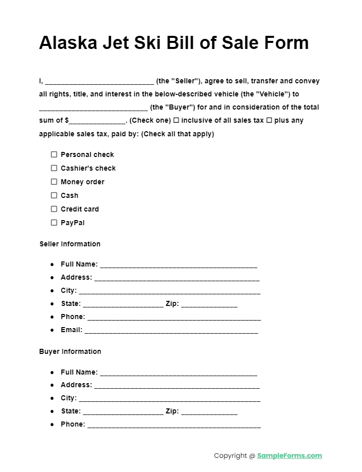 alaska jet ski bill of sale form