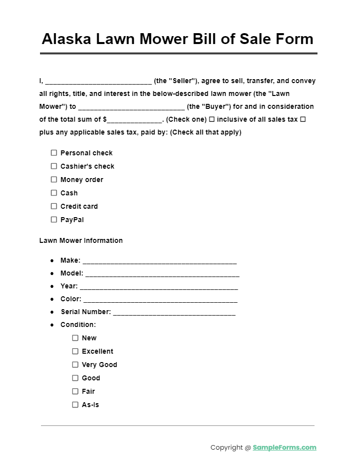 alaska lawn mower bill of sale form