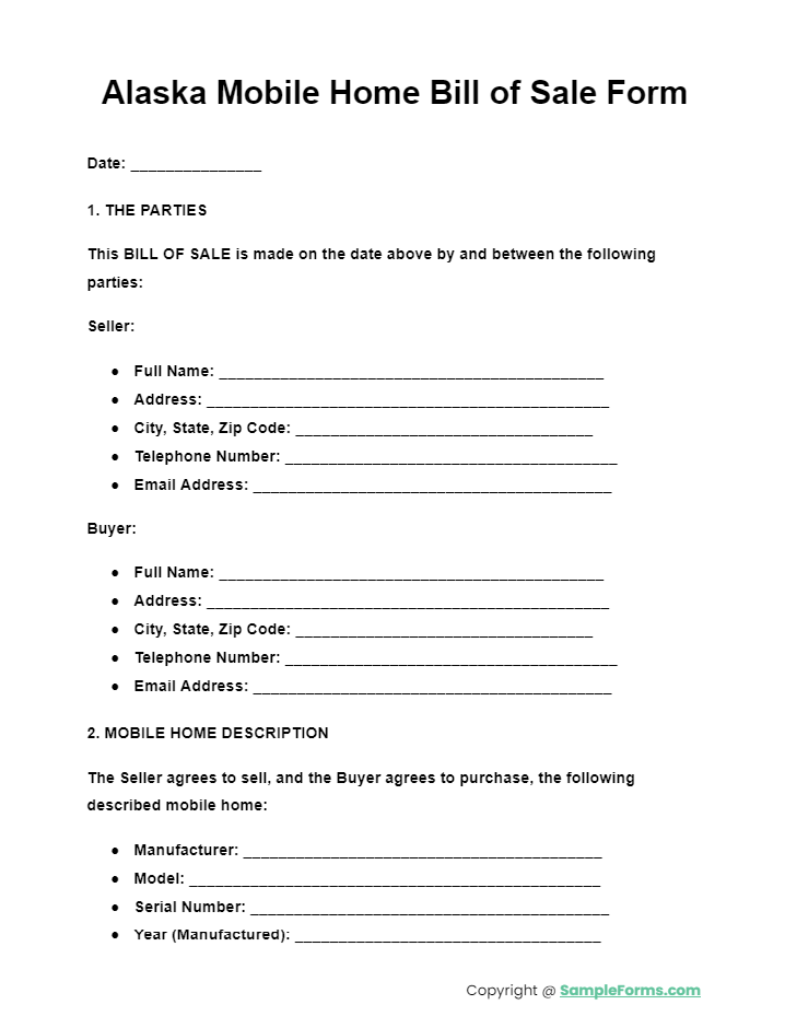 alaska mobile home bill of sale form