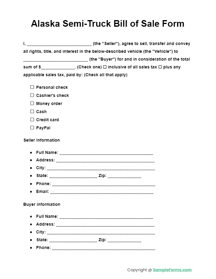 alaska semi truck bill of sale form