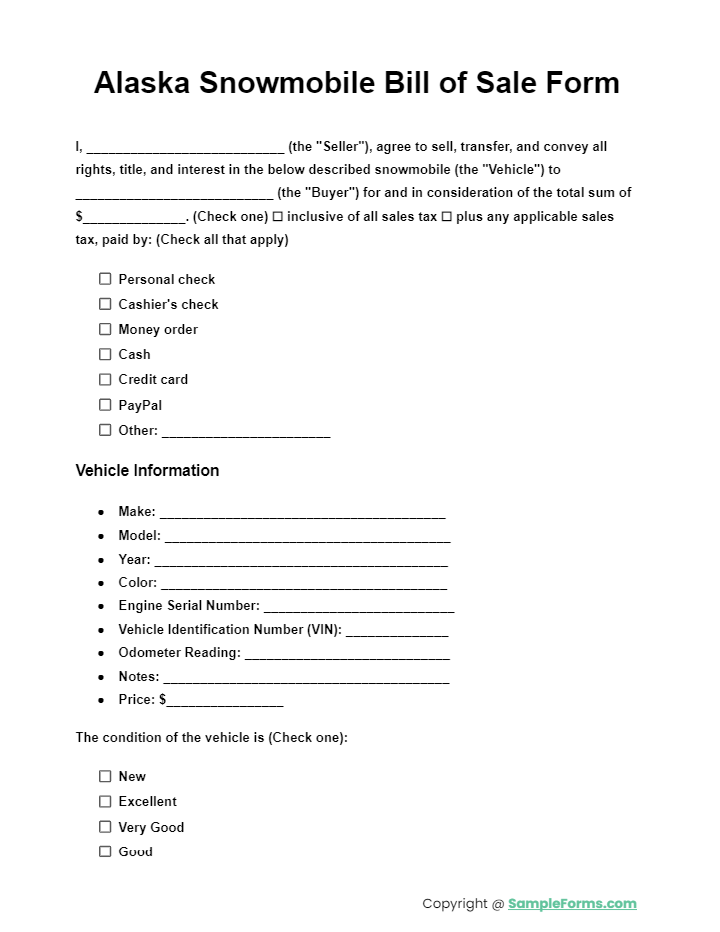 alaska snowmobile bill of sale form