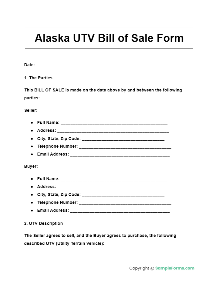 alaska utv bill of sale form