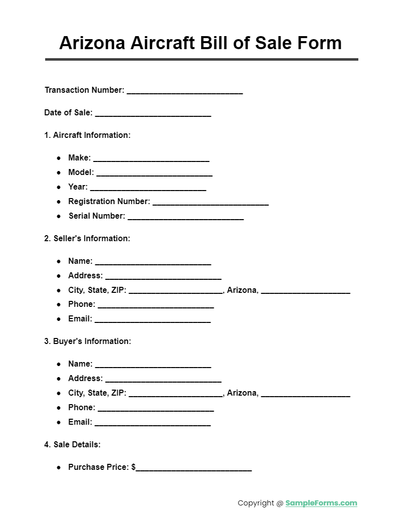 arizona aircraft bill of sale form