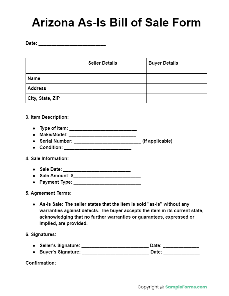 arizona as is bill of sale form