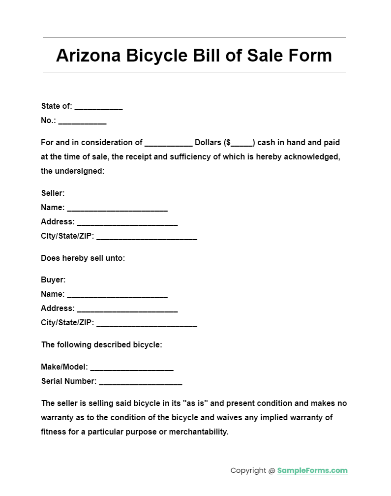 arizona bicycle bill of sale form