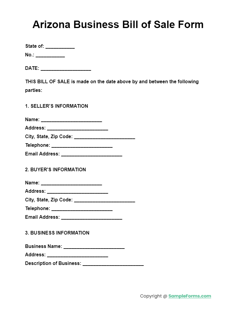 arizona business bill of sale form