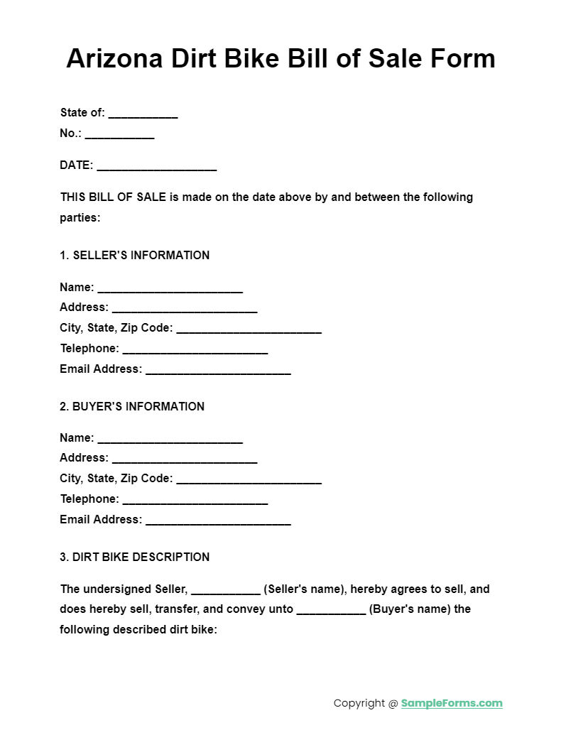 arizona dirt bike bill of sale form