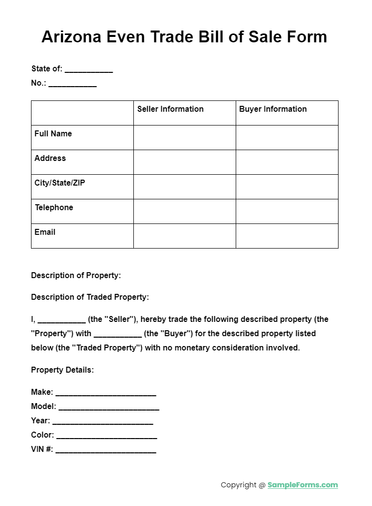 arizona even trade bill of sale form