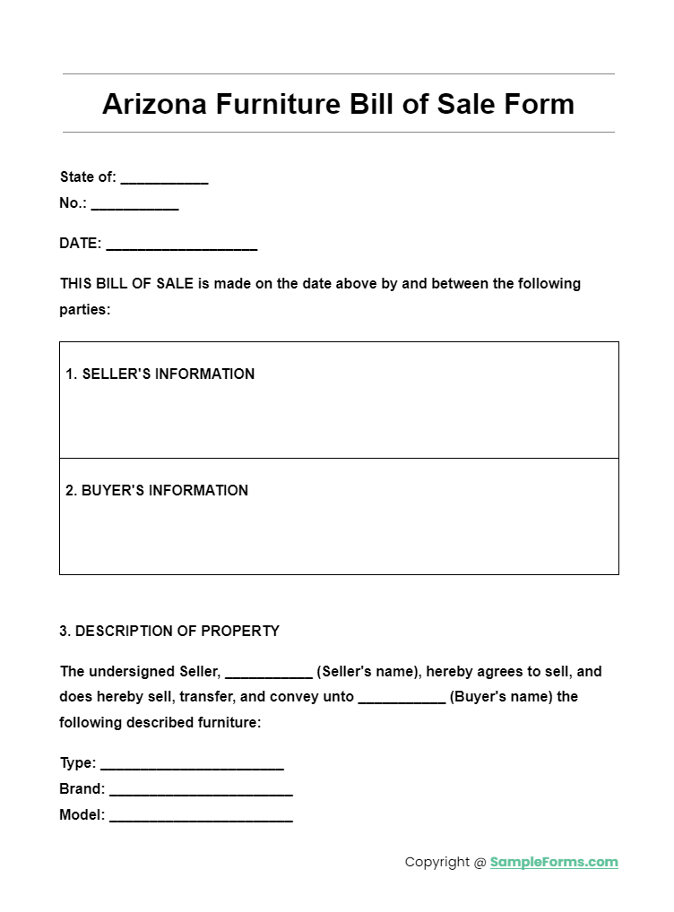 arizona furniture bill of sale form