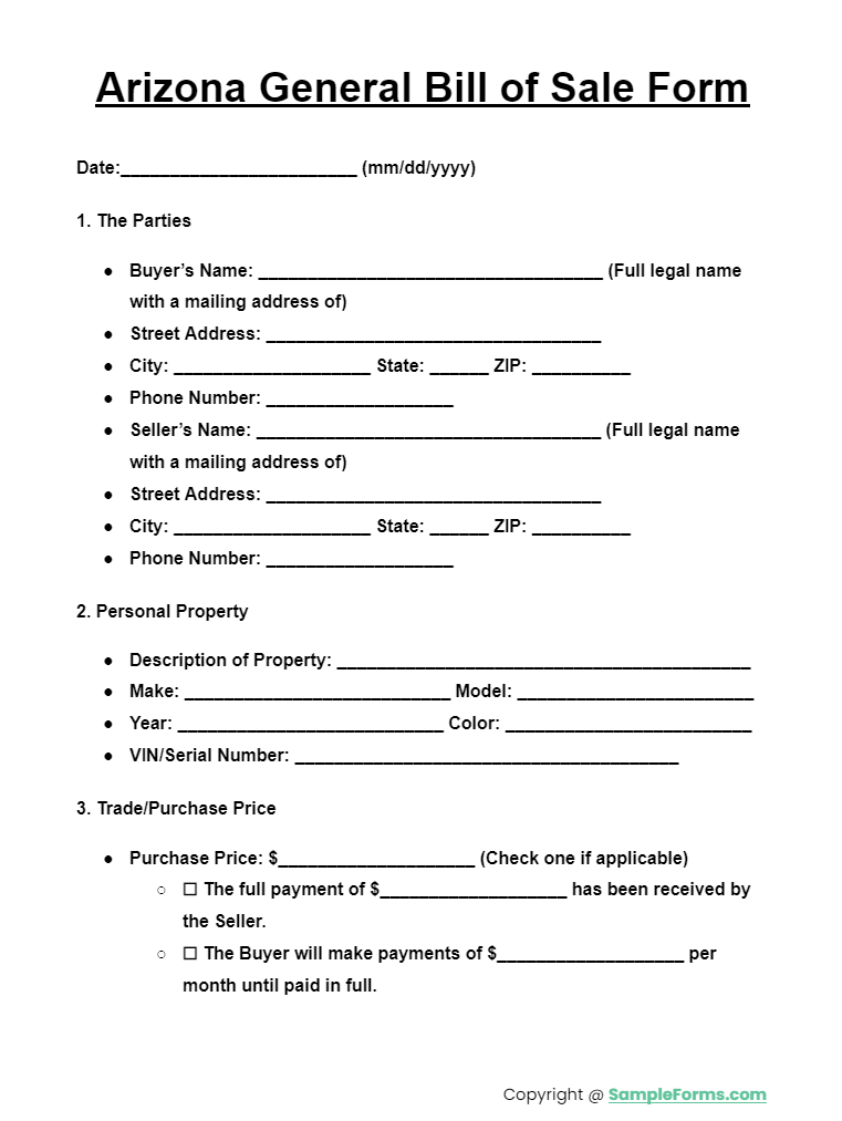 arizona general bill of sale form