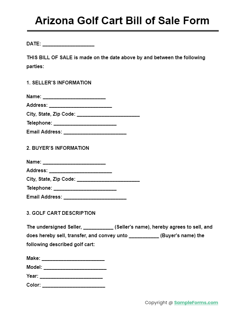 arizona golf cart bill of sale form