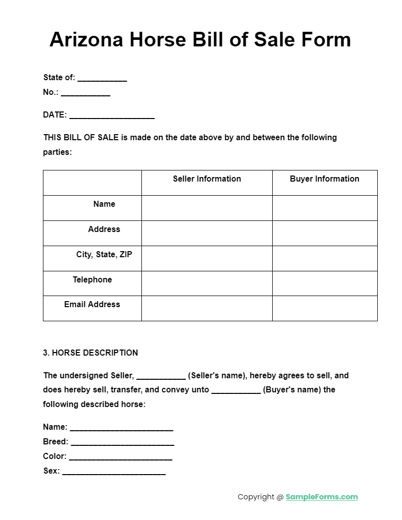 arizona horse bill of sale form