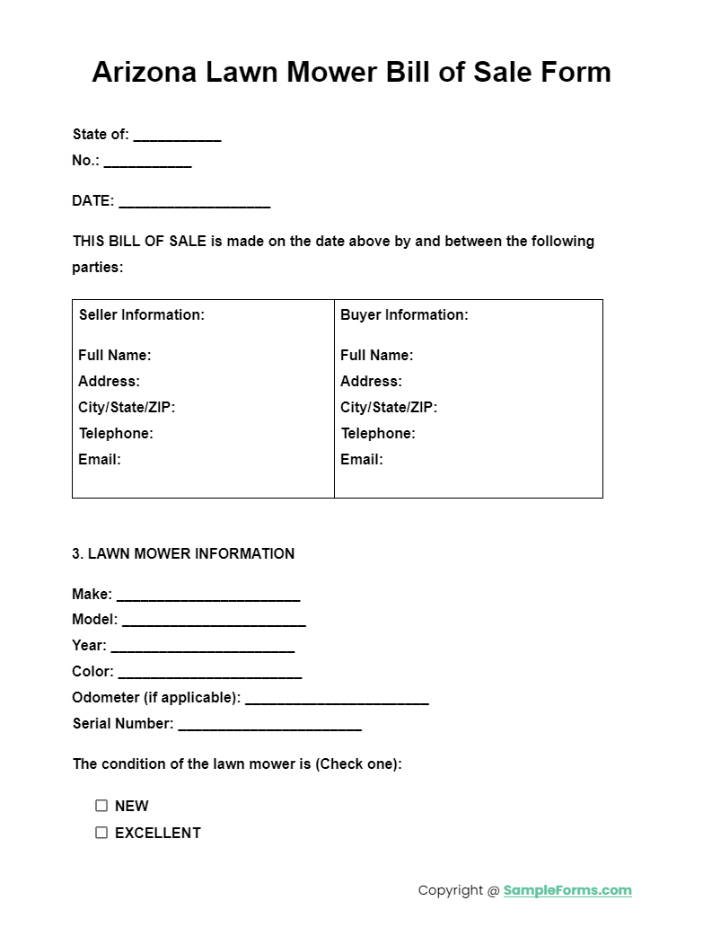 arizona lawn mower bill of sale form