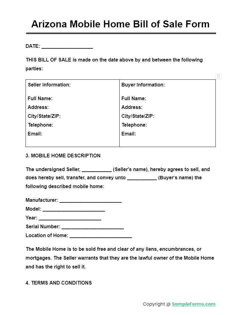 arizona mobile home bill of sale form