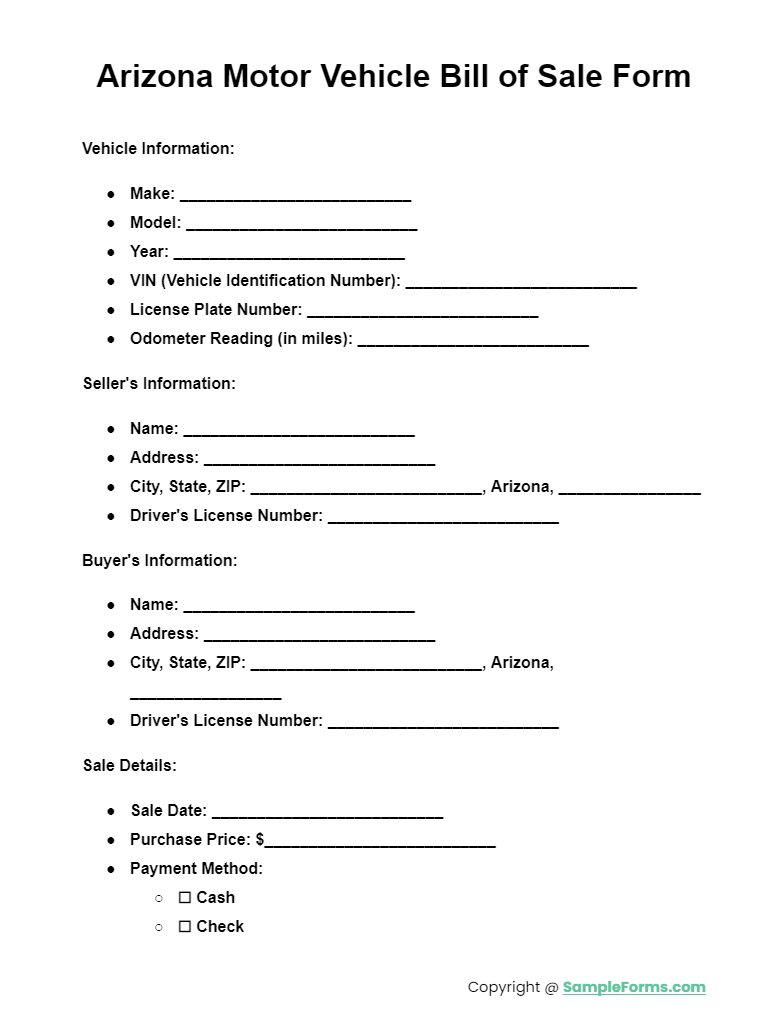 arizona motor vehicle bill of sale form