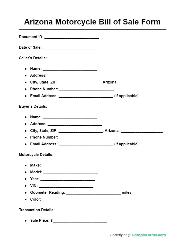 arizona motorcycle bill of sale form