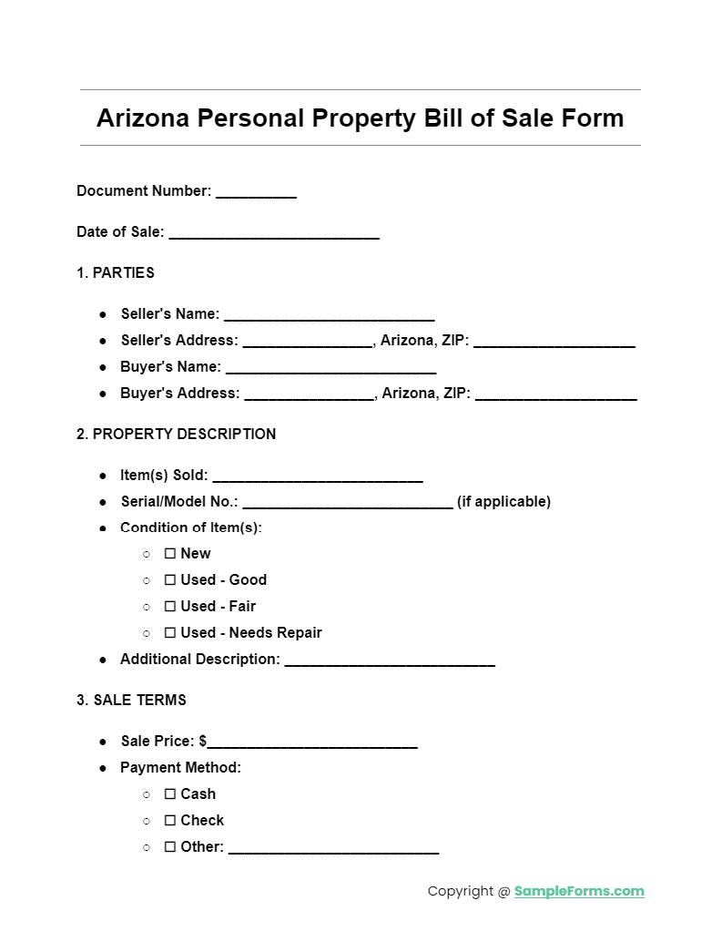 arizona personal property bill of sale form