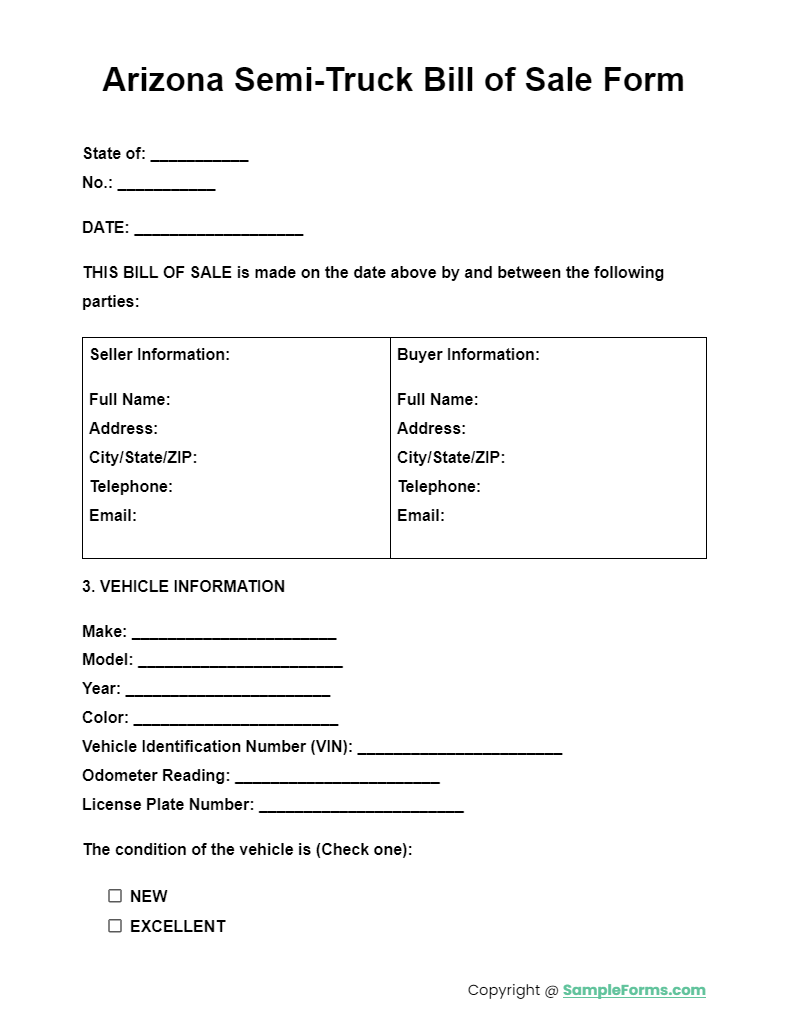 arizona semi truck bill of sale form