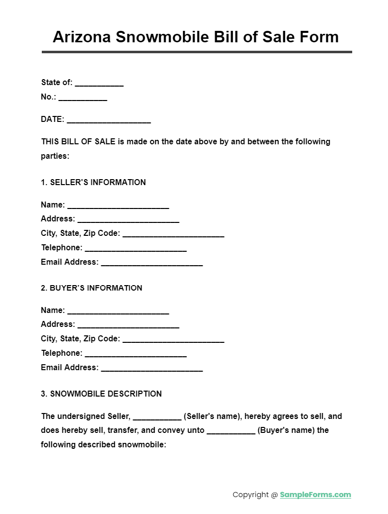 arizona snowmobile bill of sale form