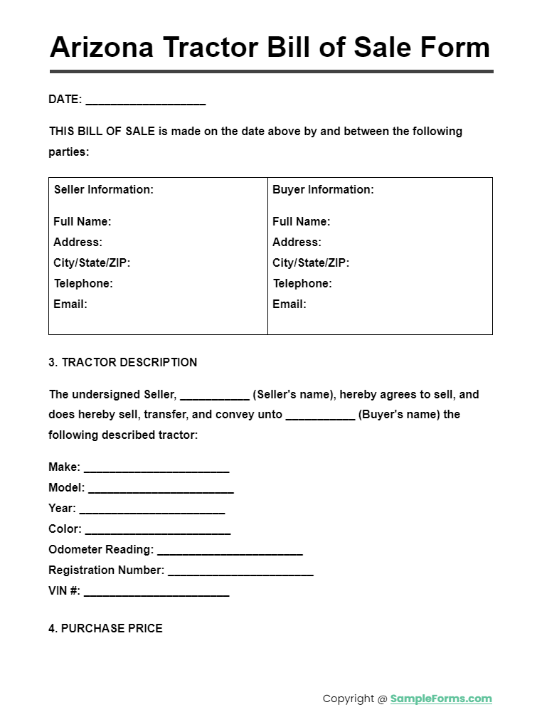 arizona tractor bill of sale form