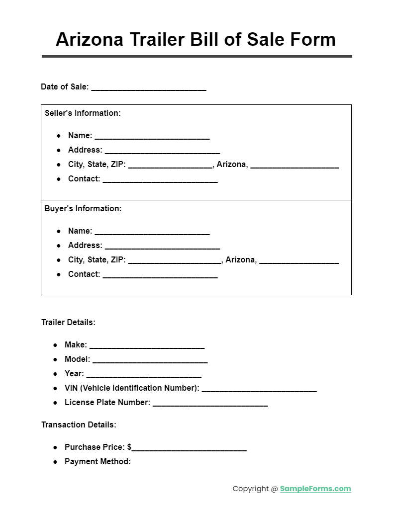 arizona trailer bill of sale form