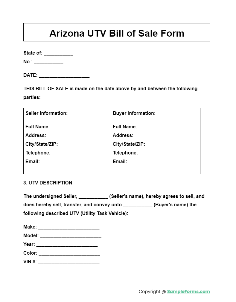 arizona utv bill of sale form