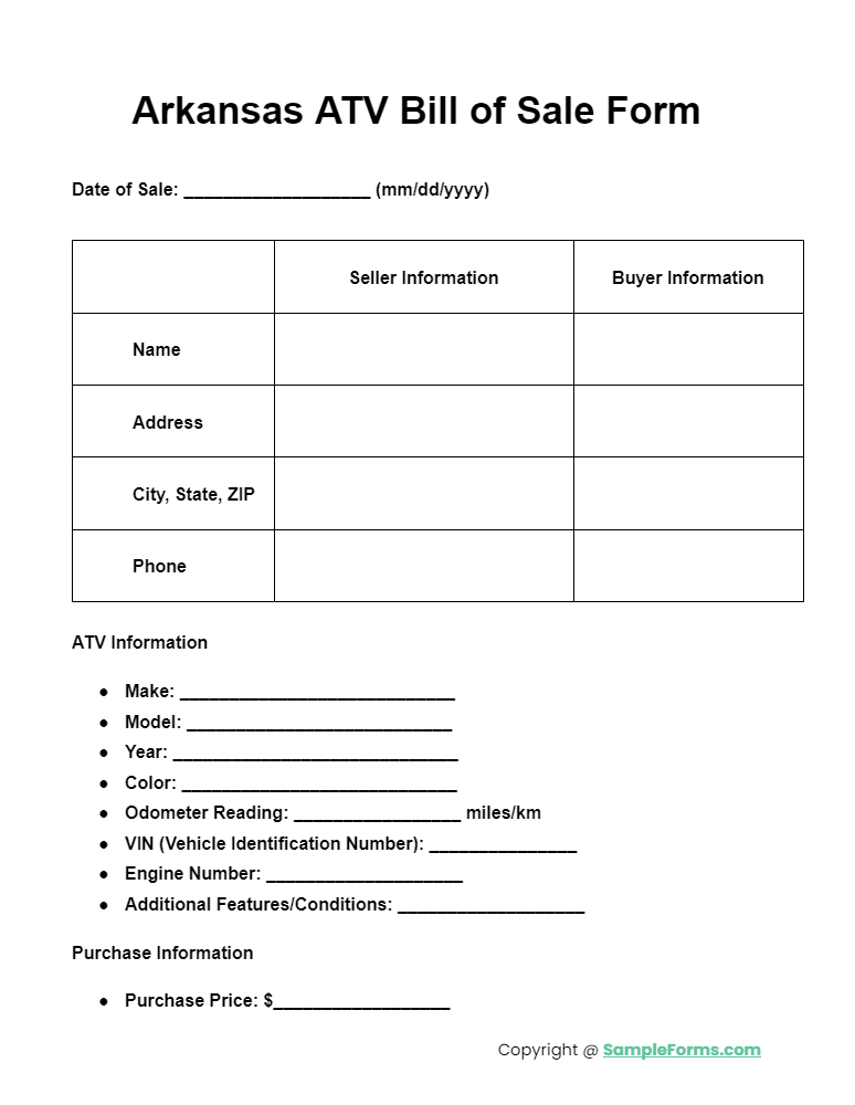 arkansas atv bill of sale form