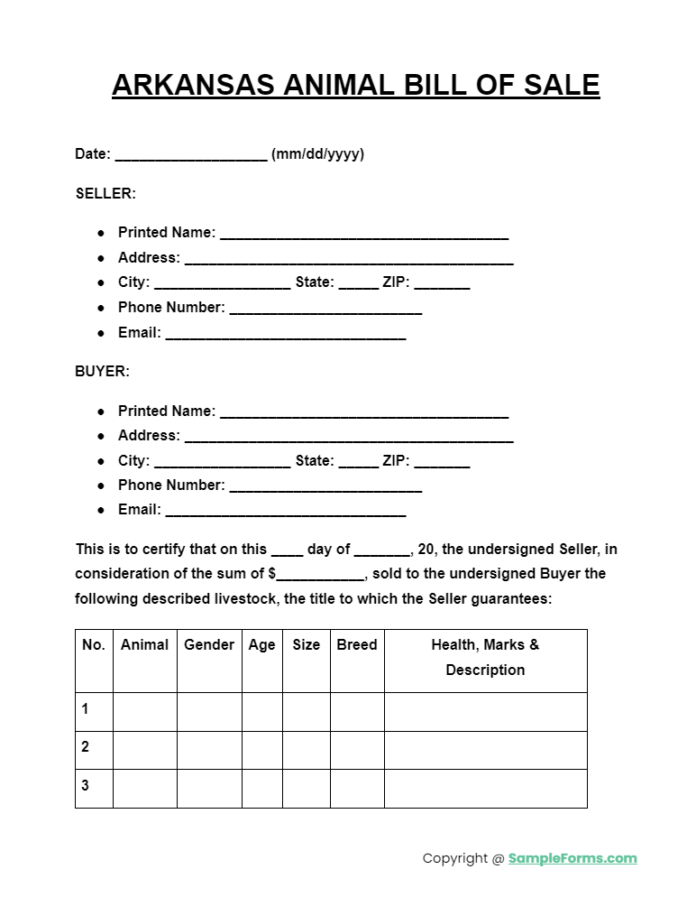 arkansas animal bill of sale form