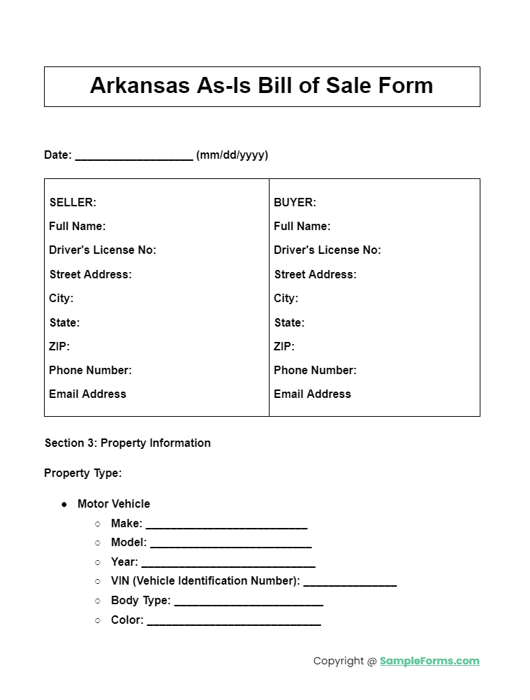 arkansas as is bill of sale form