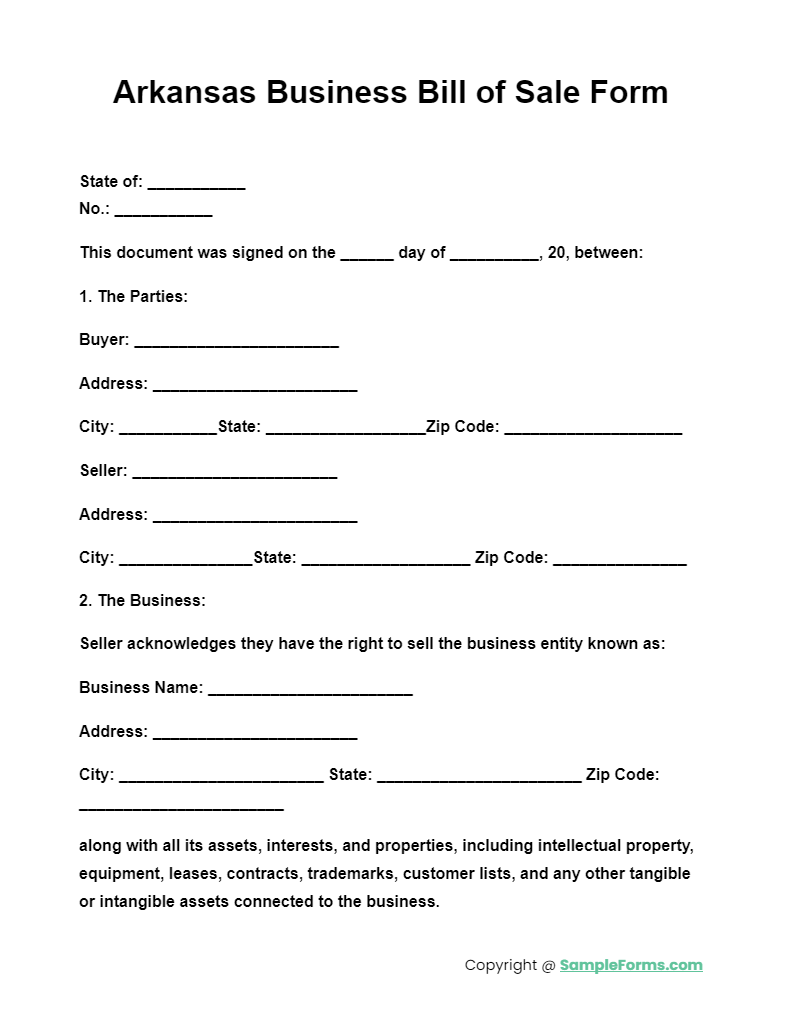 arkansas business bill of sale form