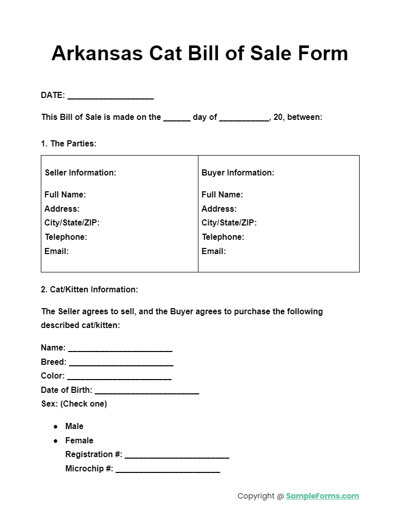 arkansas cat bill of sale form