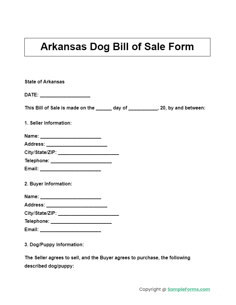 arkansas dog bill of sale form