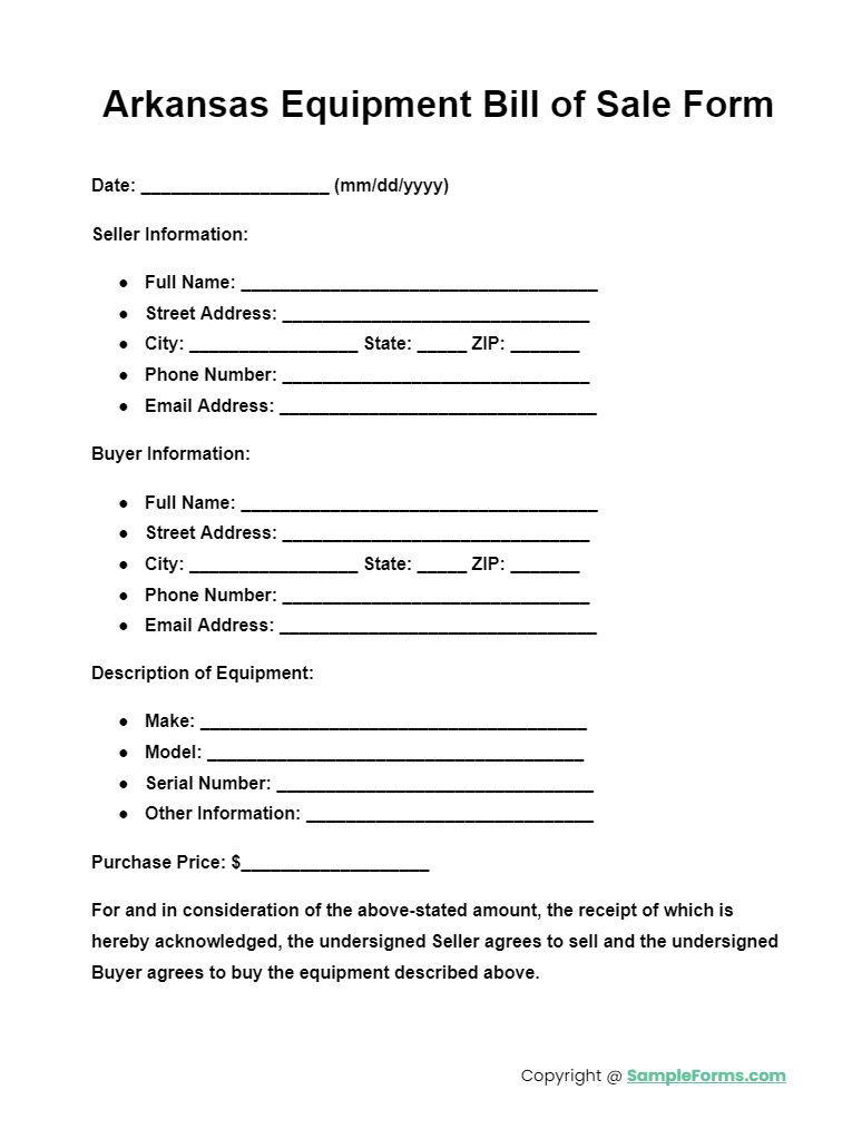 arkansas equipment bill of sale form