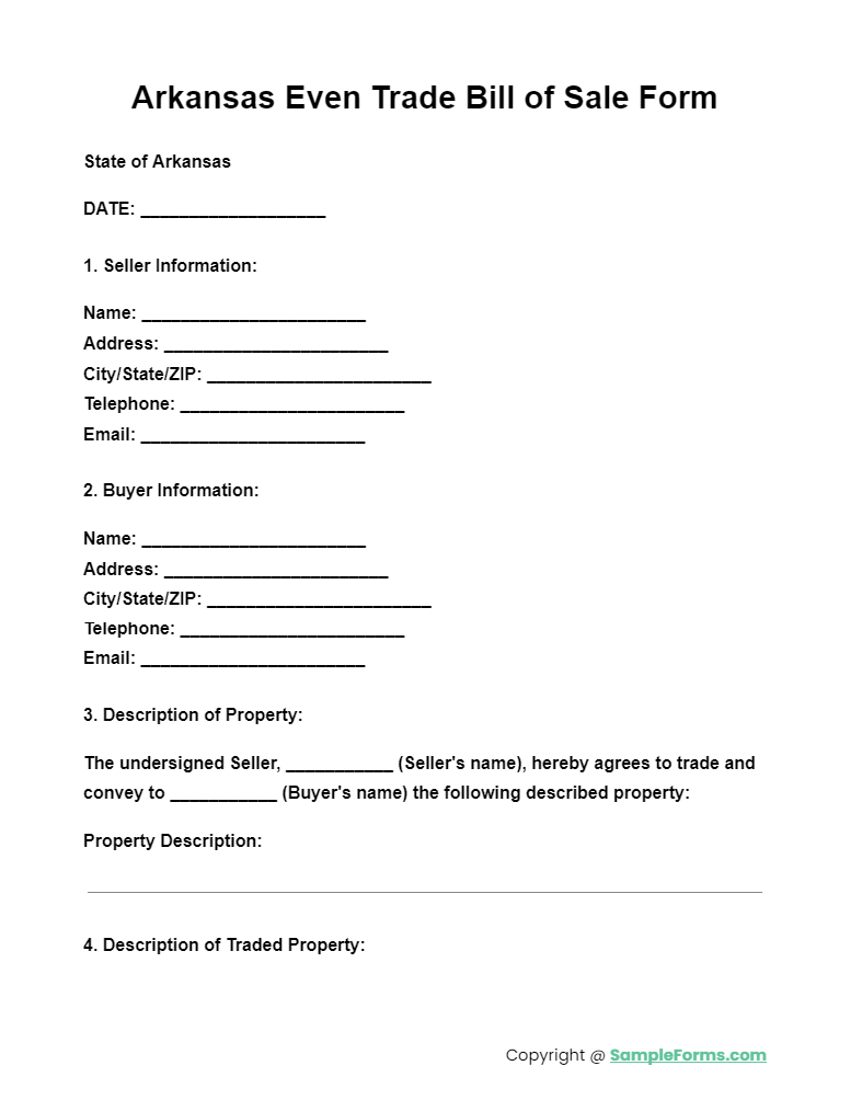 arkansas even trade bill of sale form