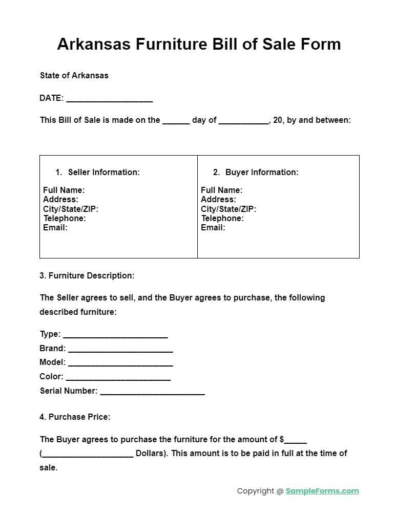 arkansas furniture bill of sale form