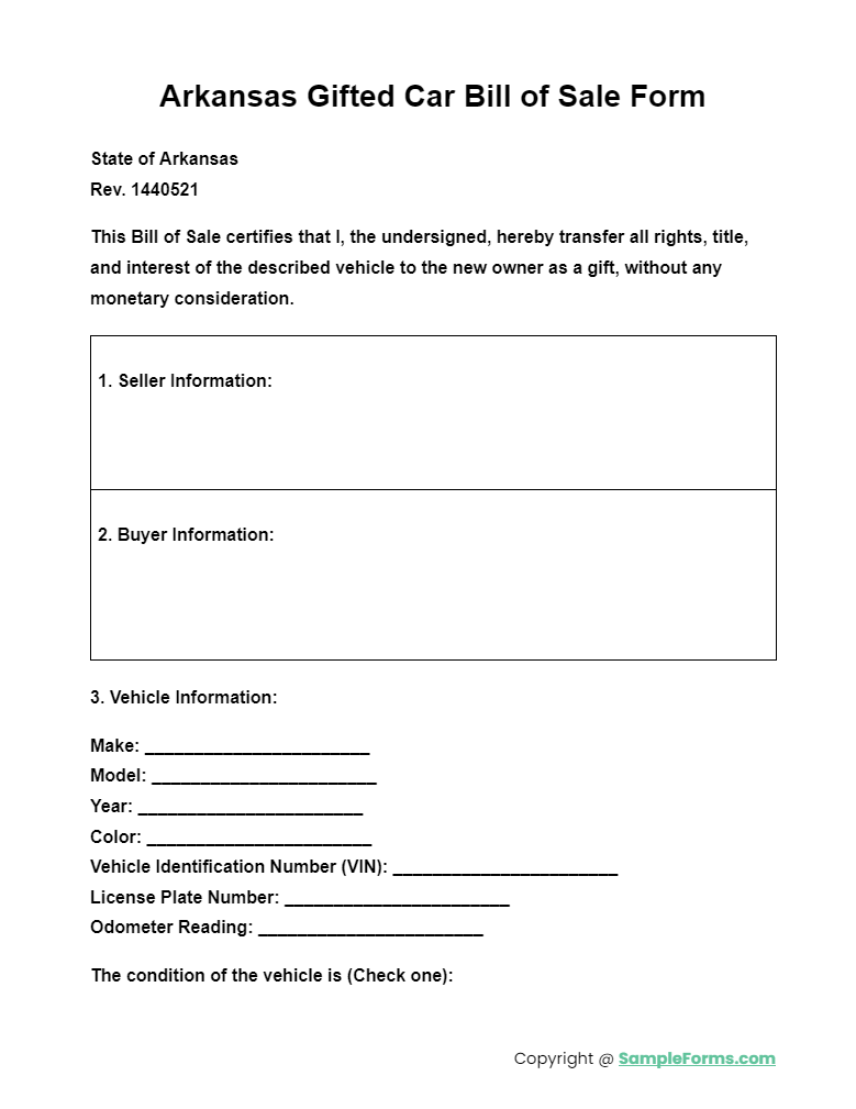 arkansas gifted car bill of sale form