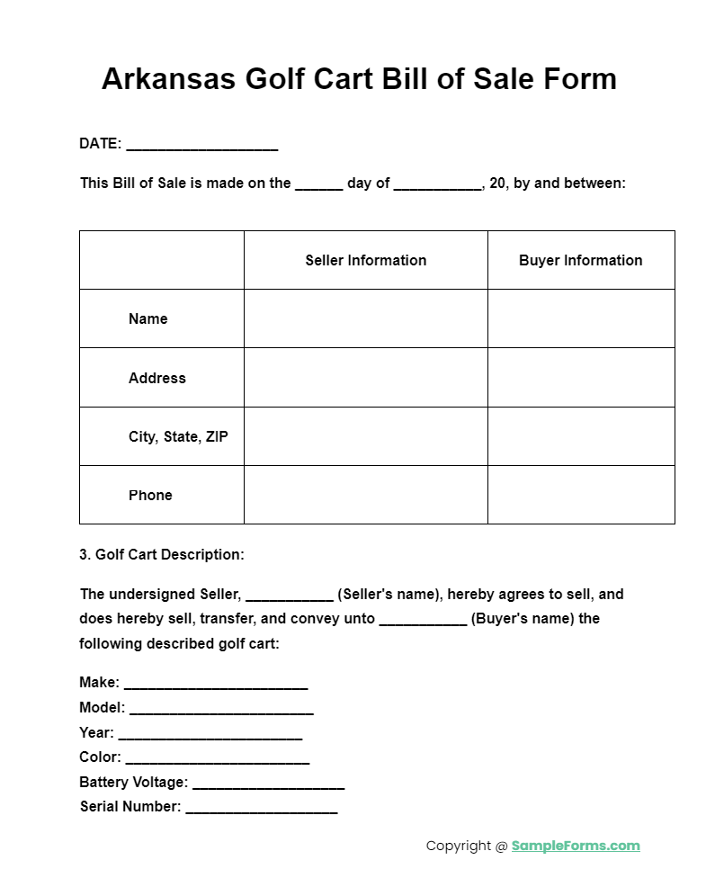 arkansas golf cart bill of sale form