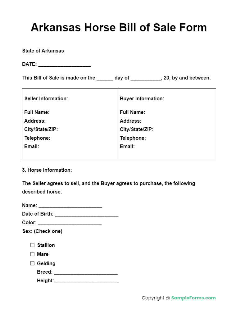 arkansas horse bill of sale form