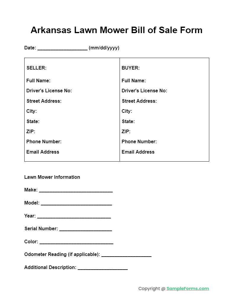 arkansas lawn mower bill of sale form