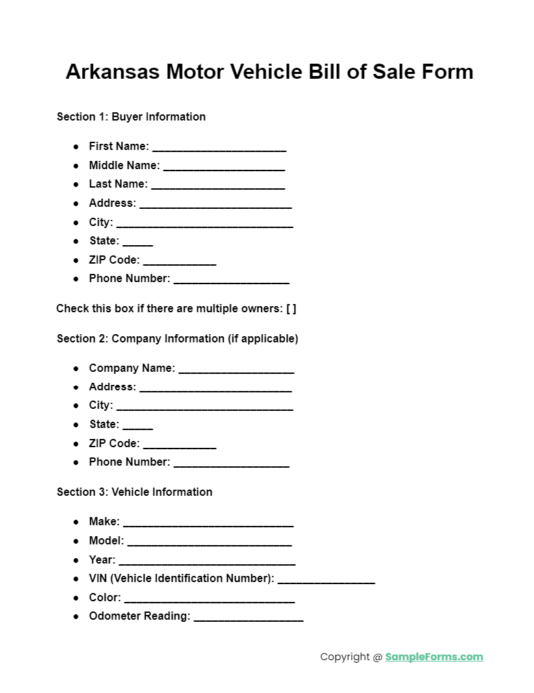 arkansas motor vehicle bill of sale form