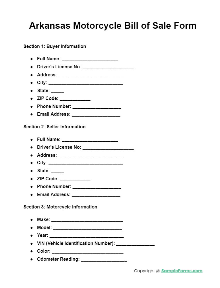 arkansas motorcycle bill of sale form