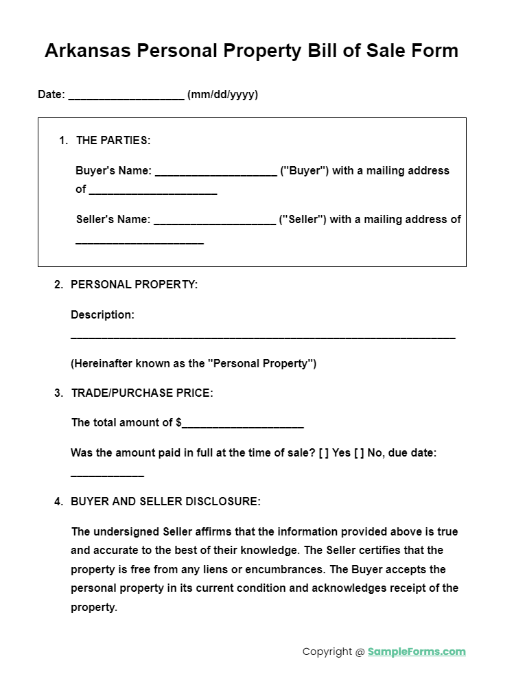 arkansas personal property bill of sale form