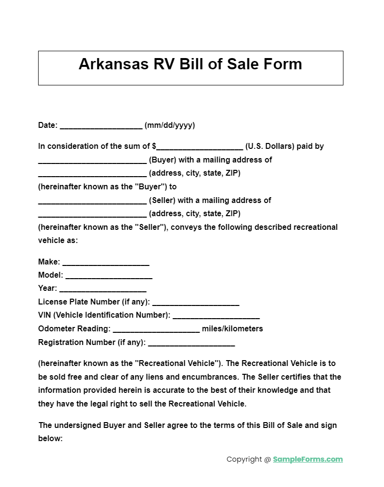 arkansas rv bill of sale form