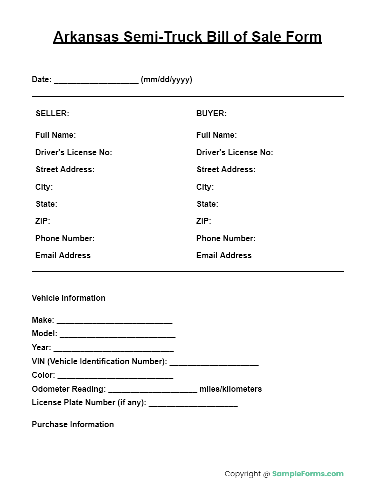 arkansas semi truck bill of sale form