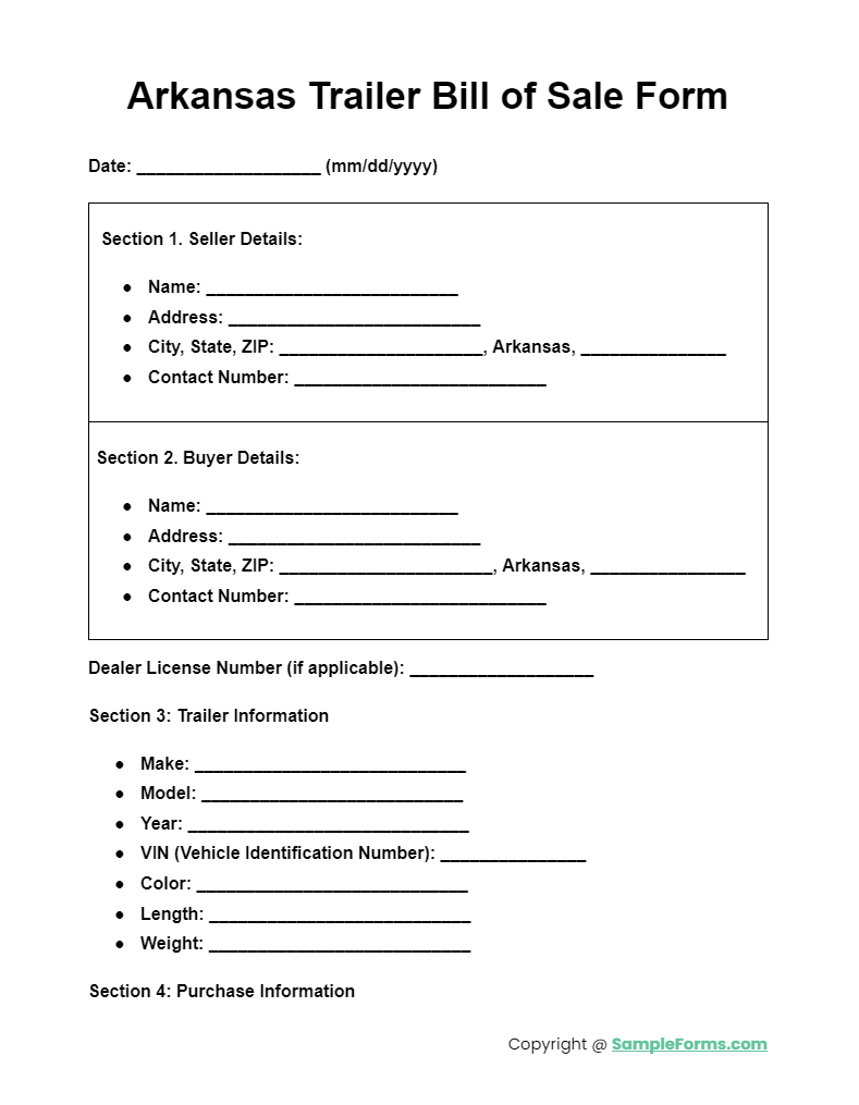 arkansas trailer bill of sale form